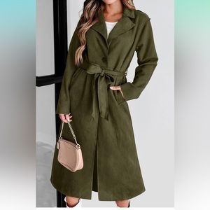 NWOT - New York & Co - Olive - Faux Suede Open Front Belted Trench Coast SZ M